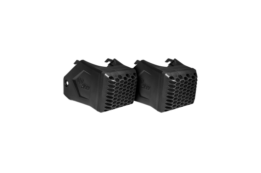 Two black UTV Stereo speaker pods with honeycomb grille design