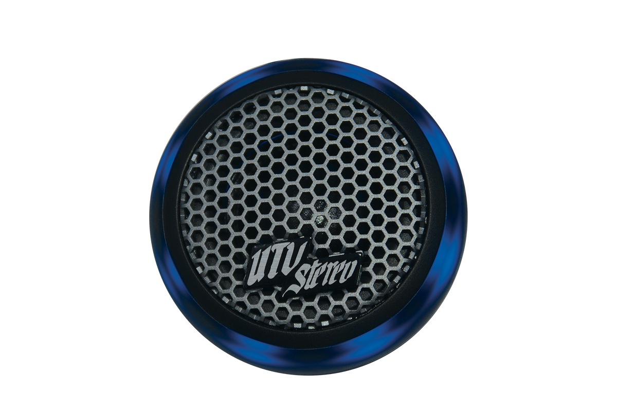 UTV Stereo blue circular speaker with hexagonal metal grille