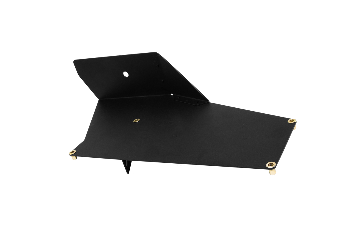 Black powder coated metal mounting bracket with brass threaded inserts