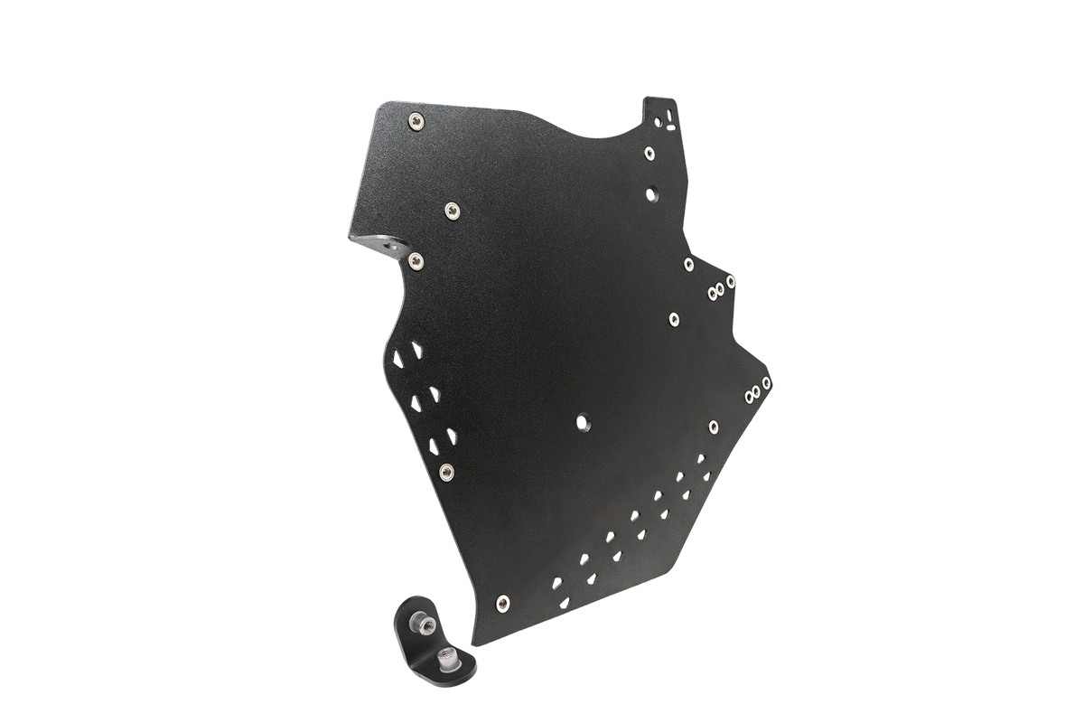 Black metal mounting plate with multiple bolt holes and a separate small angled bracket