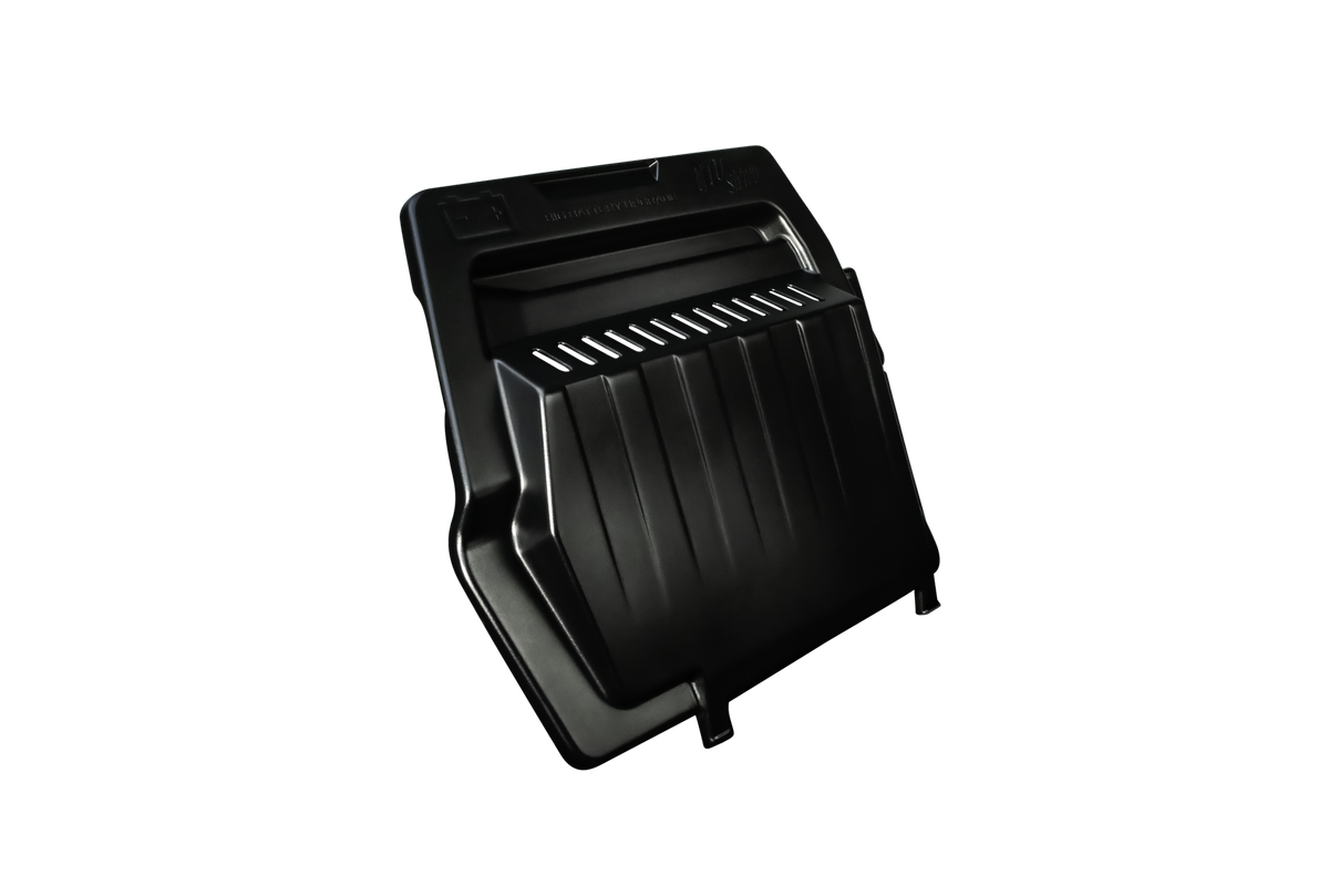 Black plastic UTV Stereo battery upgrade cover with ventilation slots