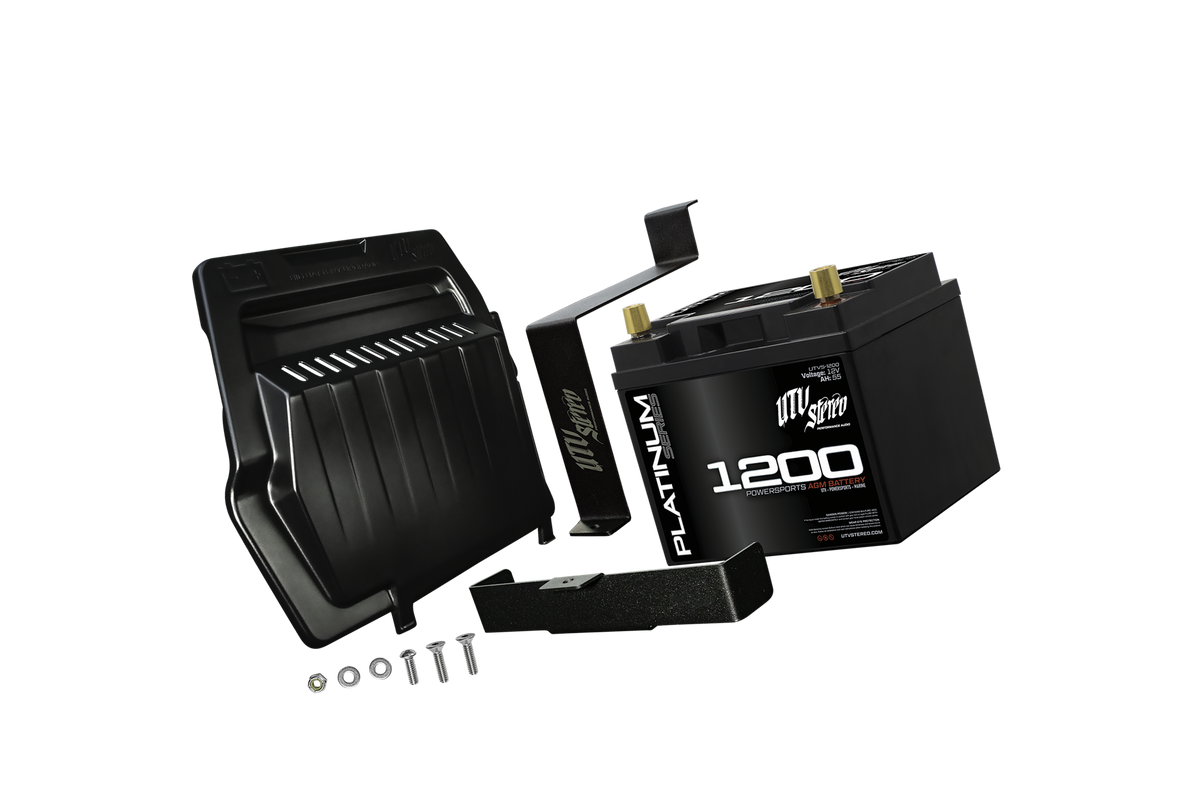 UTV Stereo Platinum Series 1200 AGM battery kit with mounting bracket and hardware
