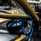 MTX Audio speakers with blue LED lighting mounted on a gold roll cage of an off road vehicle