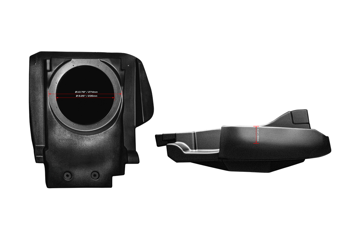 Black plastic subwoofer enclosure with dimension measurements shown in red