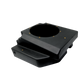 Black molded plastic subwoofer enclosure with circular speaker cutout