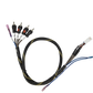 RCA output harnesses with remote wire featuring a combination of black, blue, and red wires and connectors angled 15 degrees