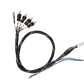 RCA output harnesses with remote wire featuring a combination of black, blue, and red wires and connectors.