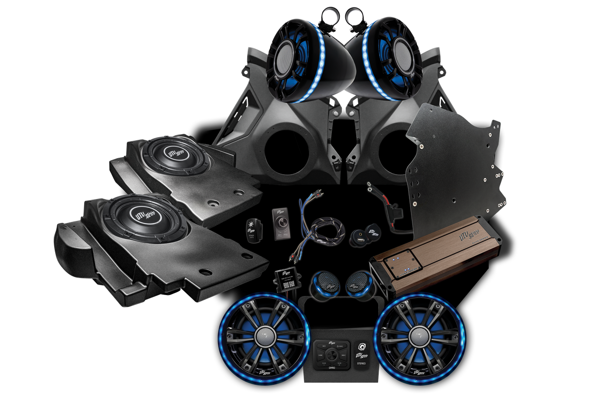 UTV Stereo audio system components including speakers, subwoofer enclosures, amplifier, and wiring