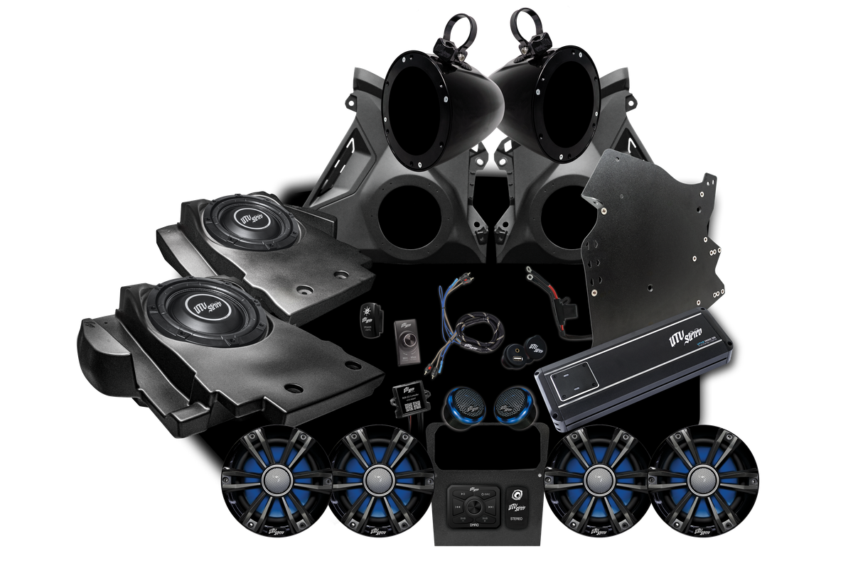 UTV Stereo audio system kit with speakers, subwoofers, amplifier, and mounting hardware