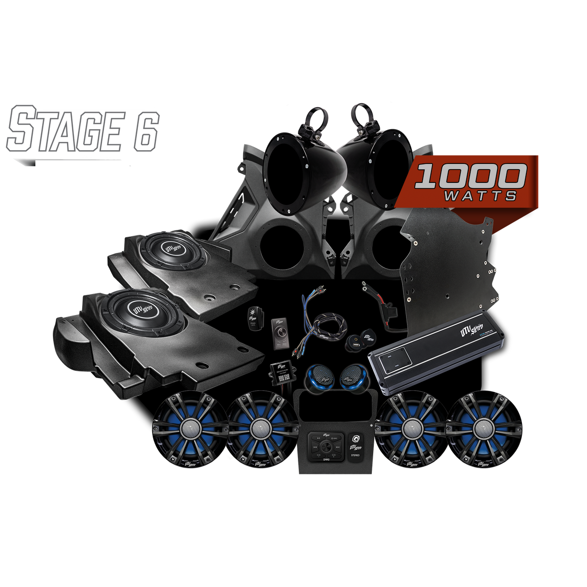 UTV Stereo Stage 6 audio system kit with speakers, subwoofer enclosures, amplifier, and wiring components