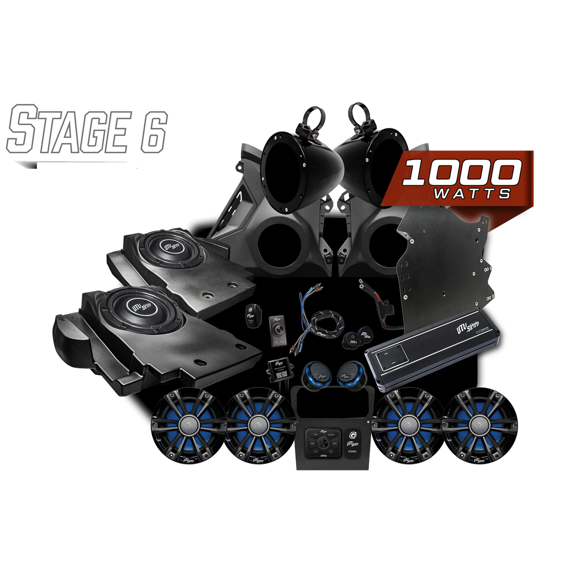 UTV Stereo Stage 6 1000 watt audio system kit with speakers, subwoofers, amplifier, and mounting hardware