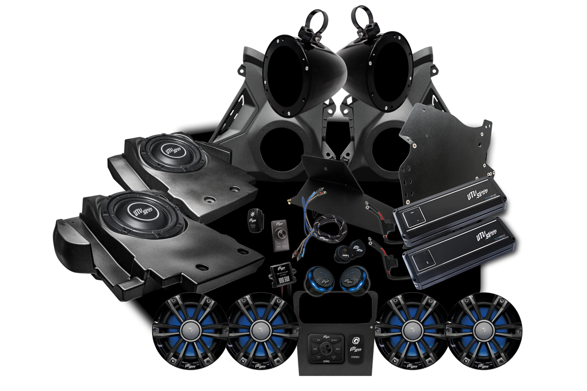 UTV Stereo audio system kit with speakers subwoofers amplifiers and mounting hardware