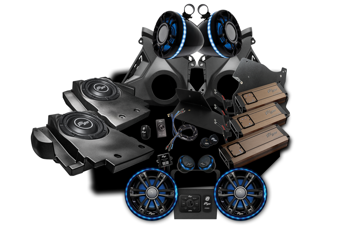 UTV Stereo audio system kit with speakers subwoofers amplifiers and mounting hardware