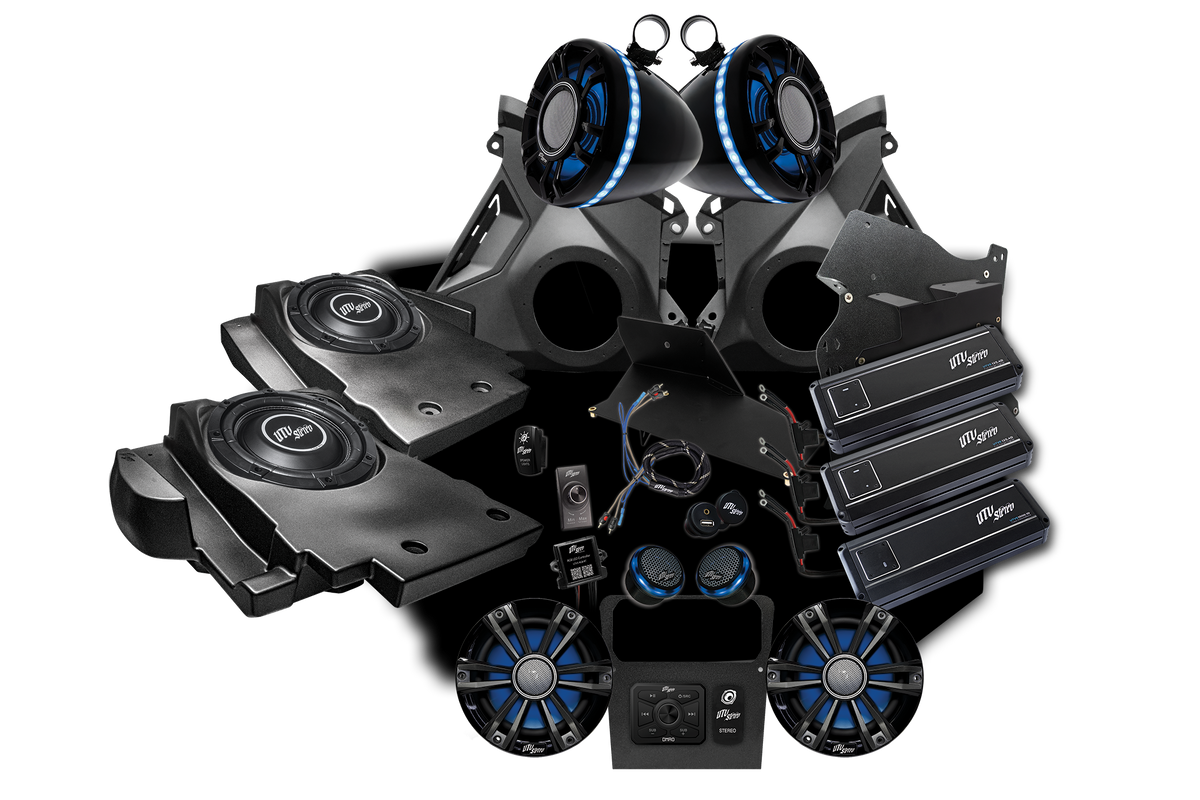 UTV Stereo audio system kit with speakers amplifiers and mounting hardware