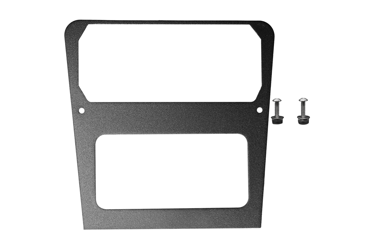 Black metal radio mounting bracket with two included mounting screws