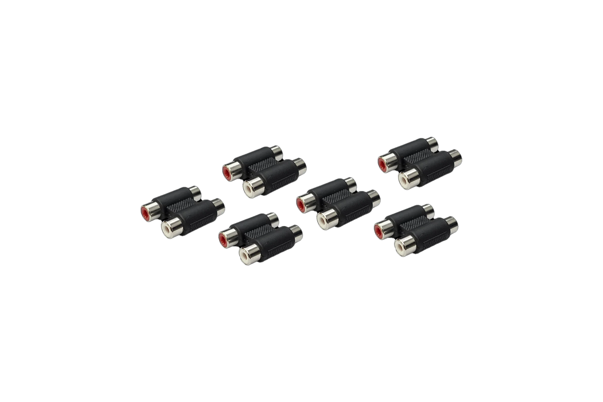 Five black RCA female to female audio coupler adapters