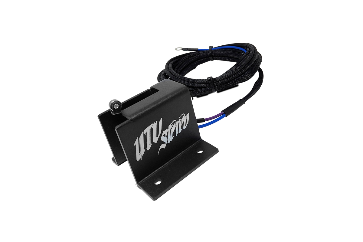 UTV Stereo black metal mounting bracket with attached wiring harness
