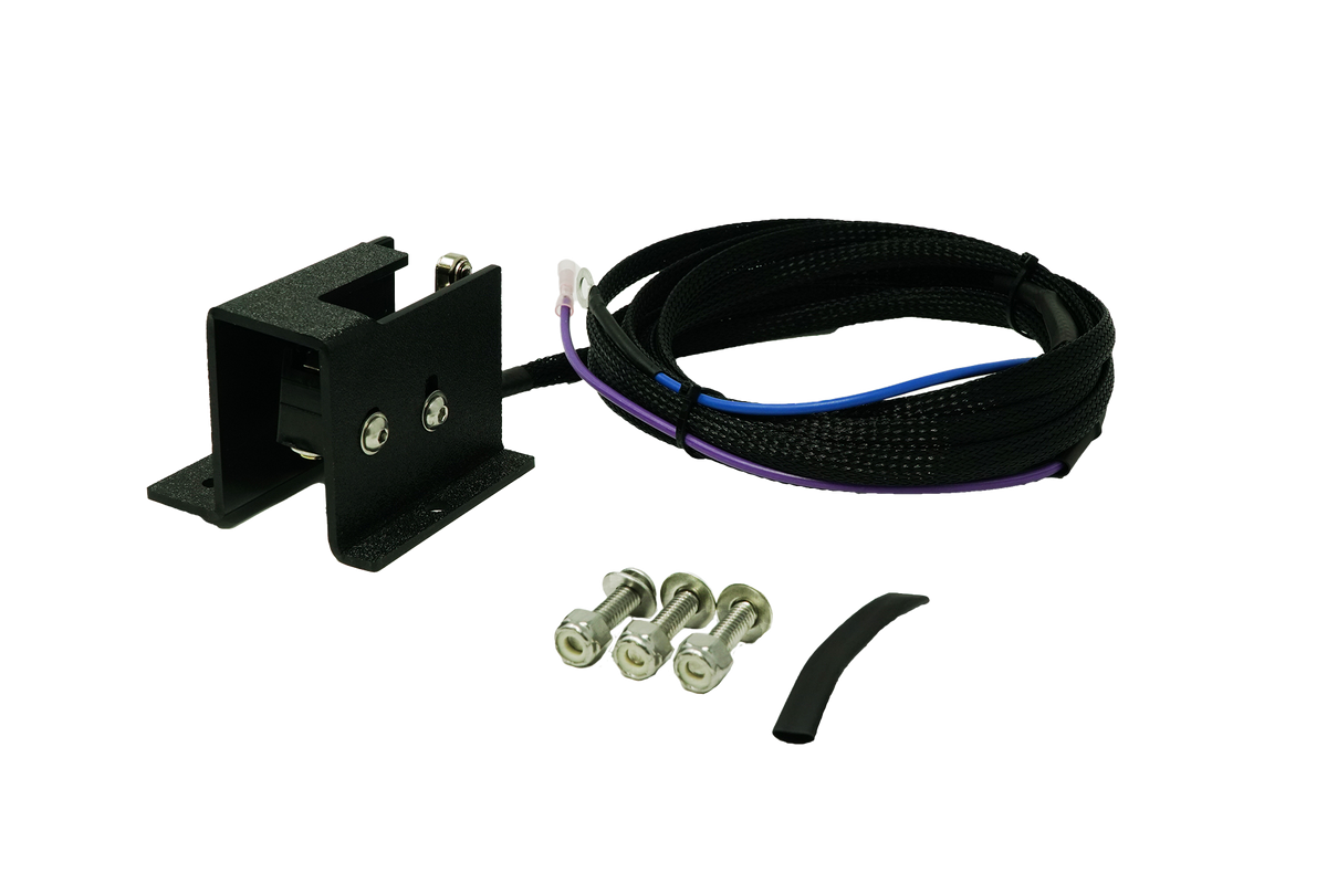 Black metal mounting bracket with wiring harness and three mounting bolts
