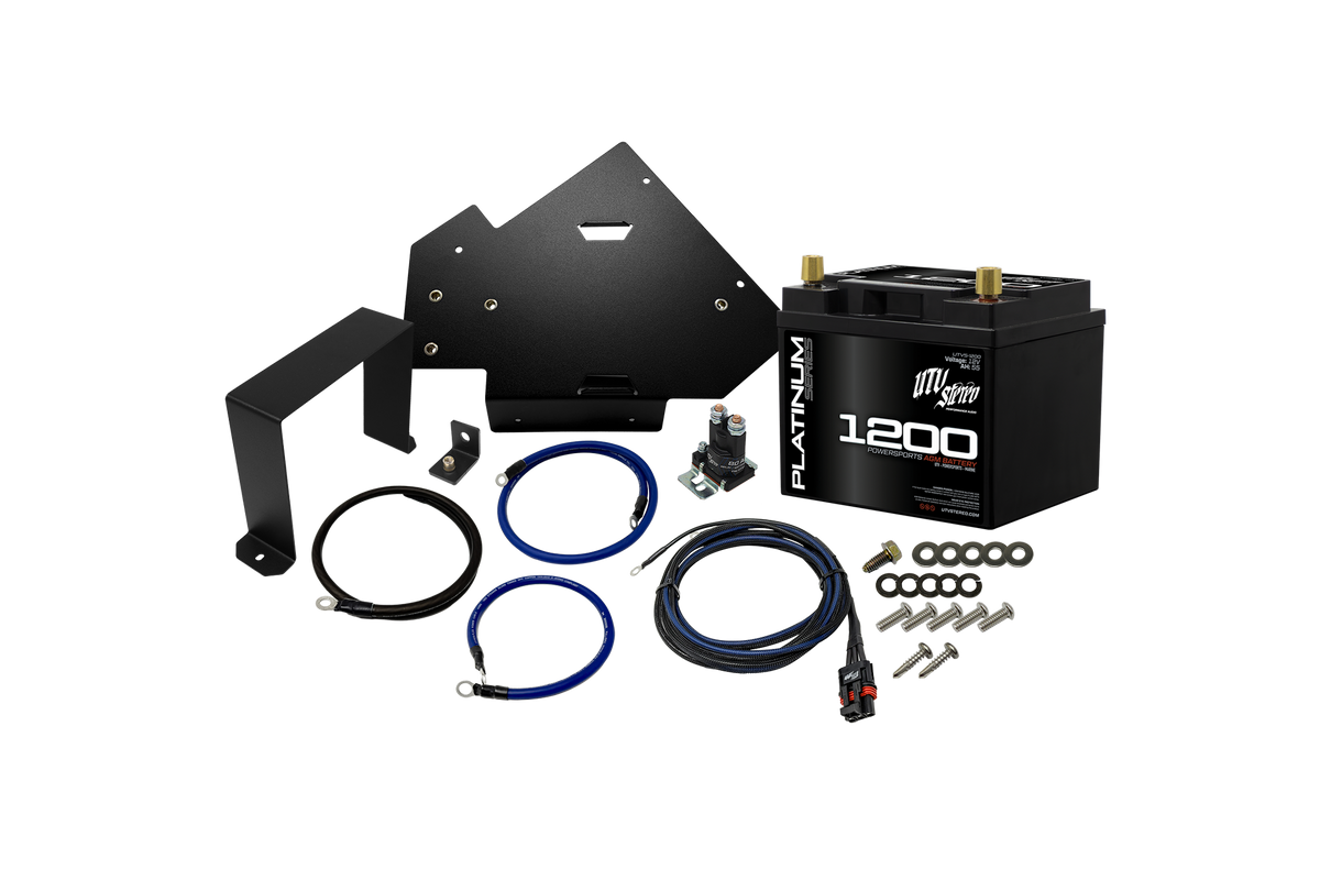 UTV Stereo battery kit with AGM battery, mounting brackets, cables, relay, and hardware