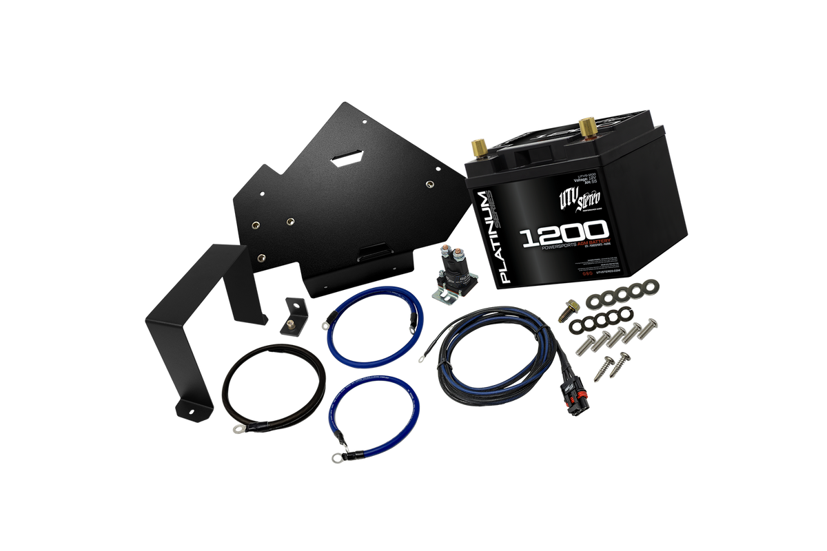 UTV Stereo Platinum Series 1200 AGM battery kit with mounting bracket and wiring cables