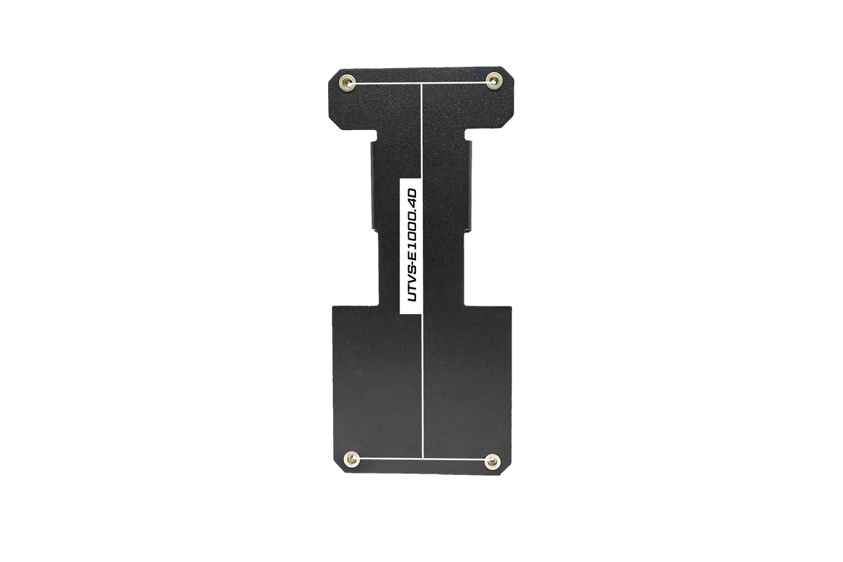 Black metal mounting plate labeled UTVS-E1000.4D with four corner screw holes