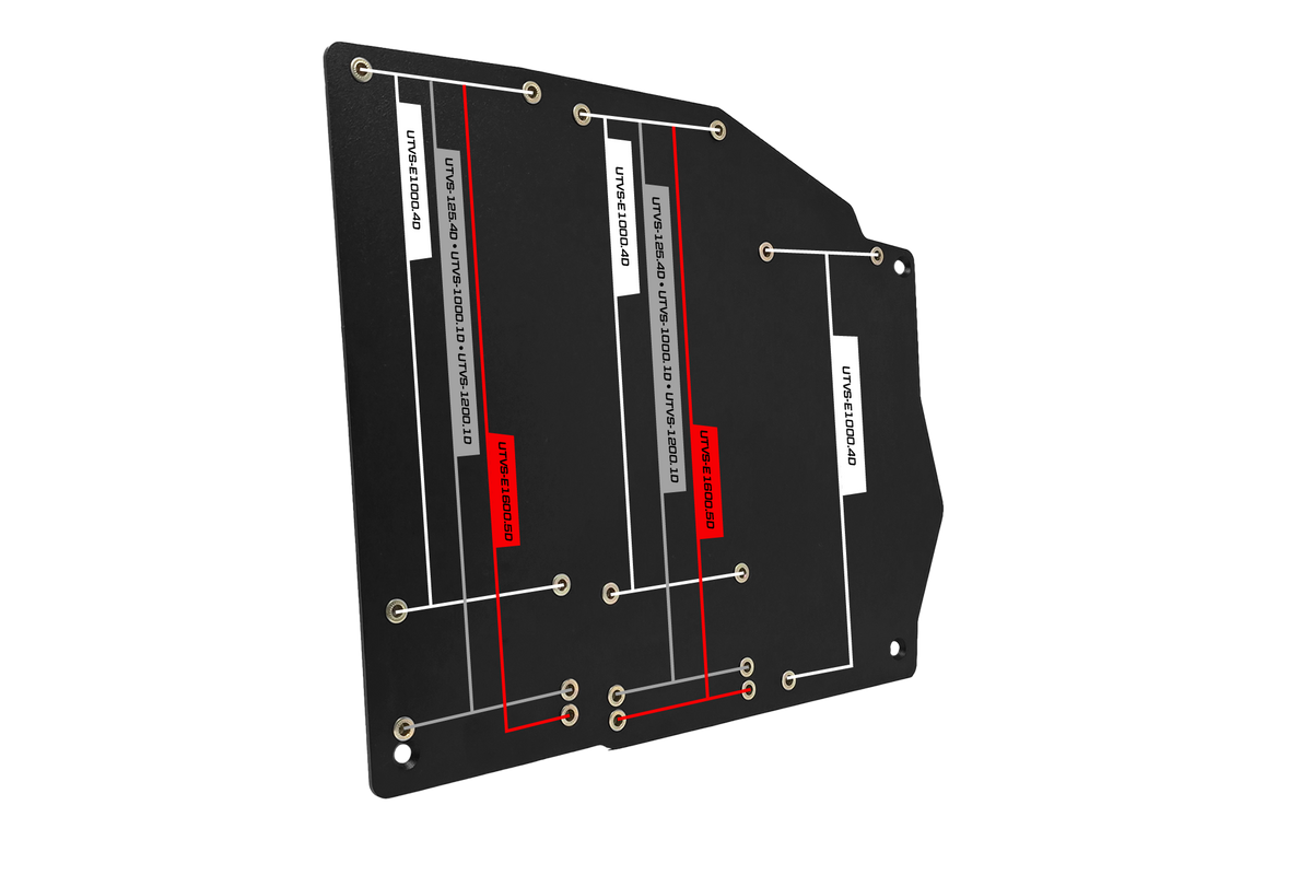 Black mounting plate with technical labels and connection lines for UTV series components