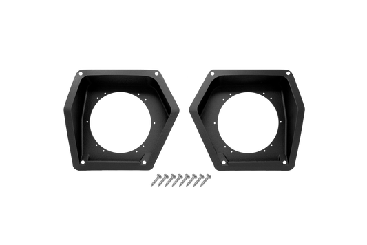 Two black hexagonal speaker mounting brackets with mounting screws