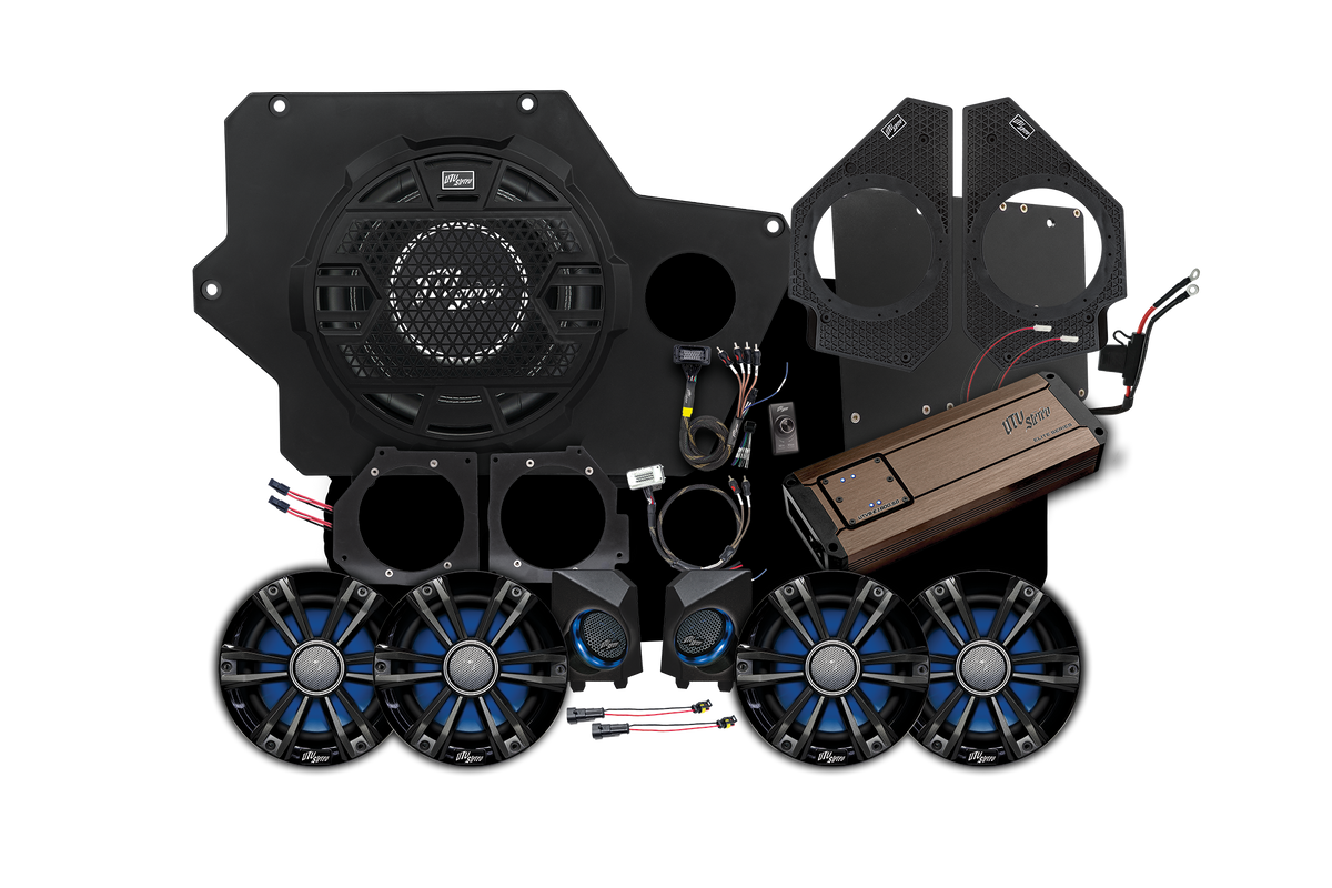 UTV Stereo audio system kit with subwoofer, amplifier, speakers, and mounting hardware