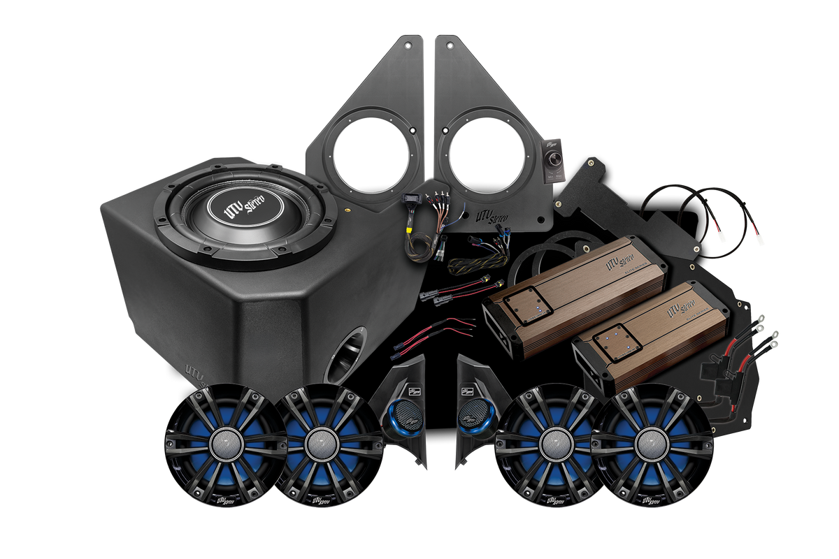 UTV Stereo audio system kit including subwoofer enclosure, amplifiers, speakers, and mounting brackets