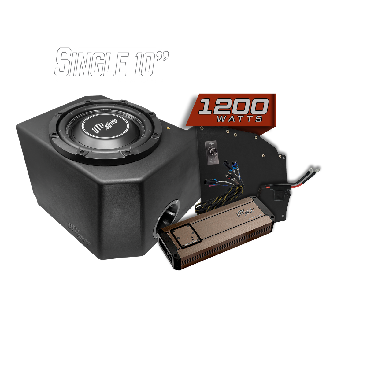 UTV Stereo 10 inch subwoofer enclosure with 1200 watt amplifier and wiring kit