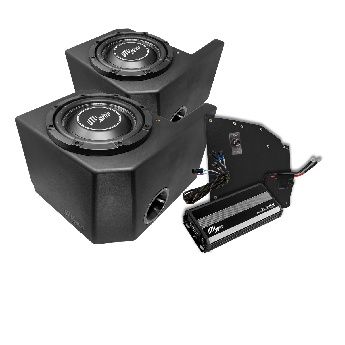 UTV Stereo subwoofer kit with two enclosures, amplifier, and wiring harness