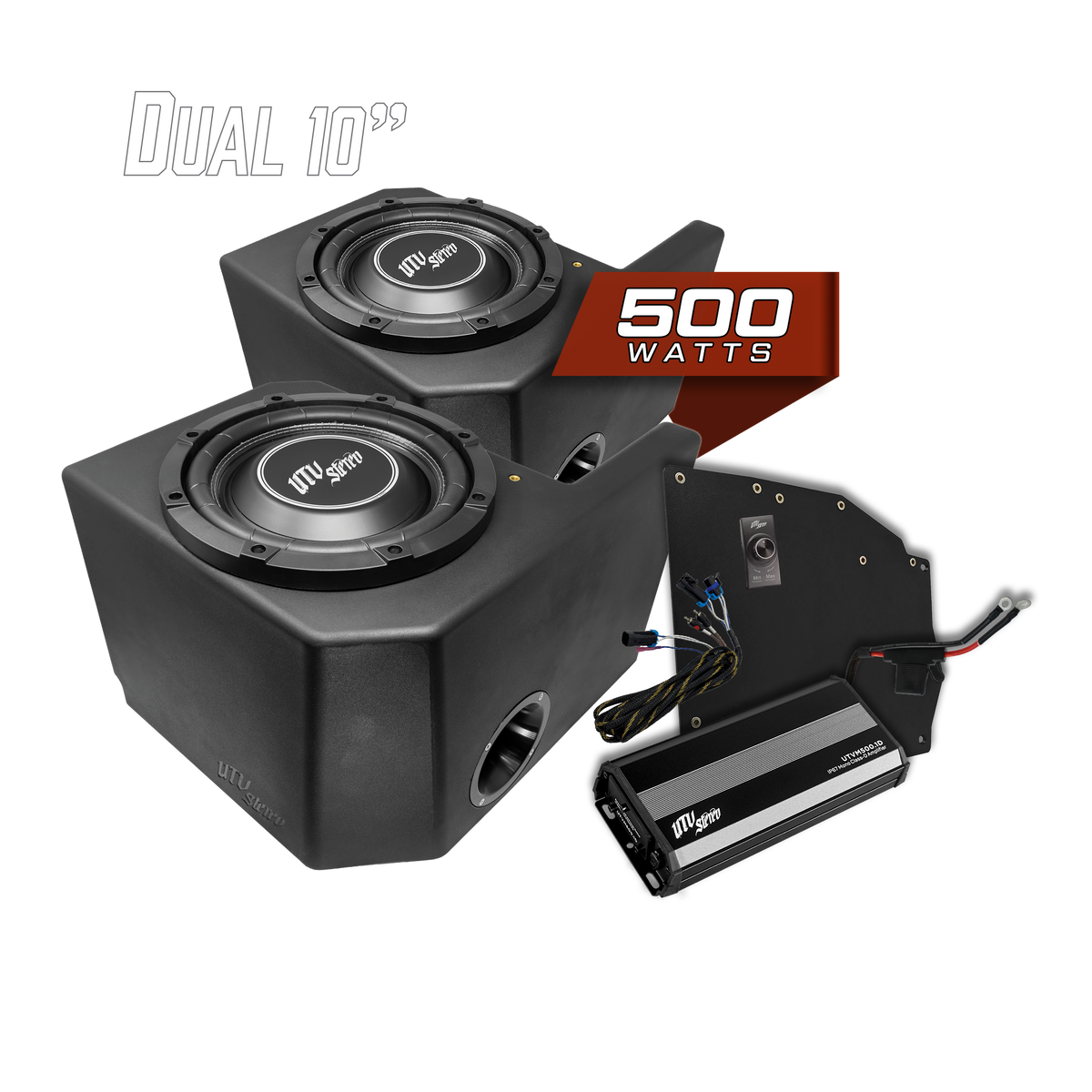 UTV Stereo dual 10 inch subwoofer enclosure with 500 watt amplifier and wiring kit