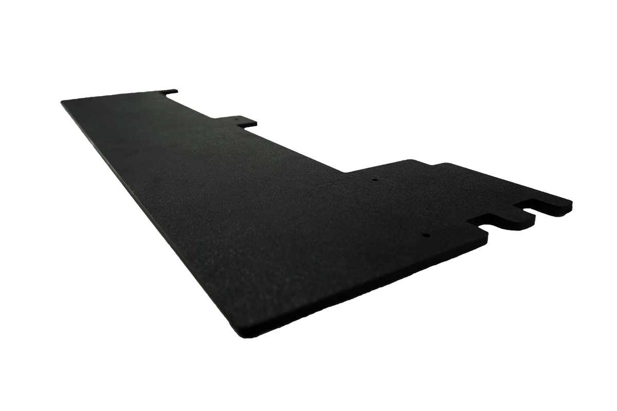 Black L shaped flat metal bracket with mounting holes