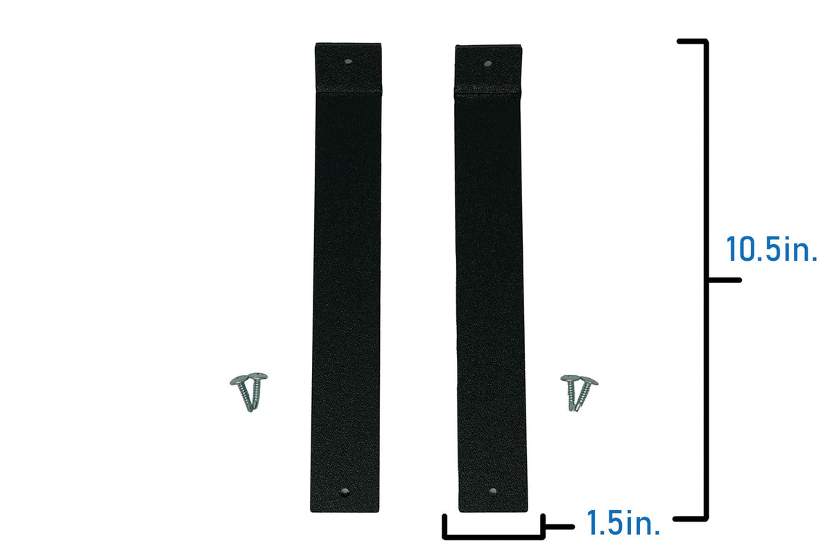 UTV Stereo black mounting brackets with screws and dimension labels