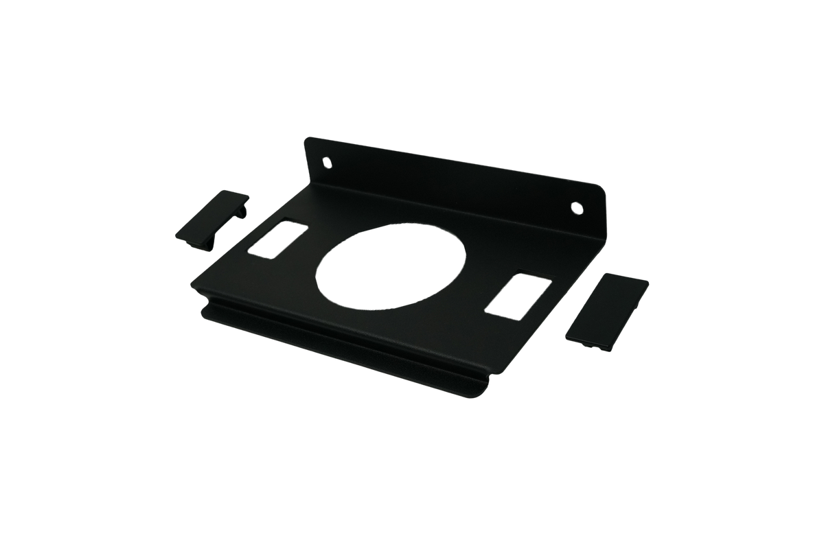 Black metal wall mount bracket with circular center cutout and two side covers