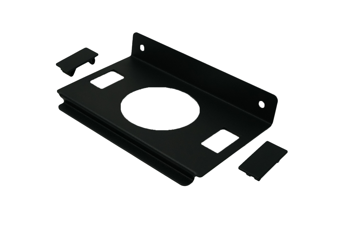 UTV Stereo black metal mounting bracket with two small plastic covers