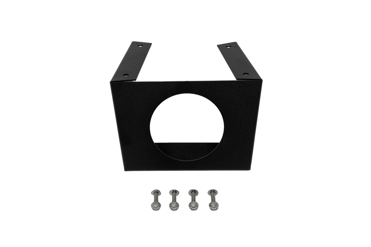 Black metal U-shaped mounting bracket with a circular center cutout and four matching bolts