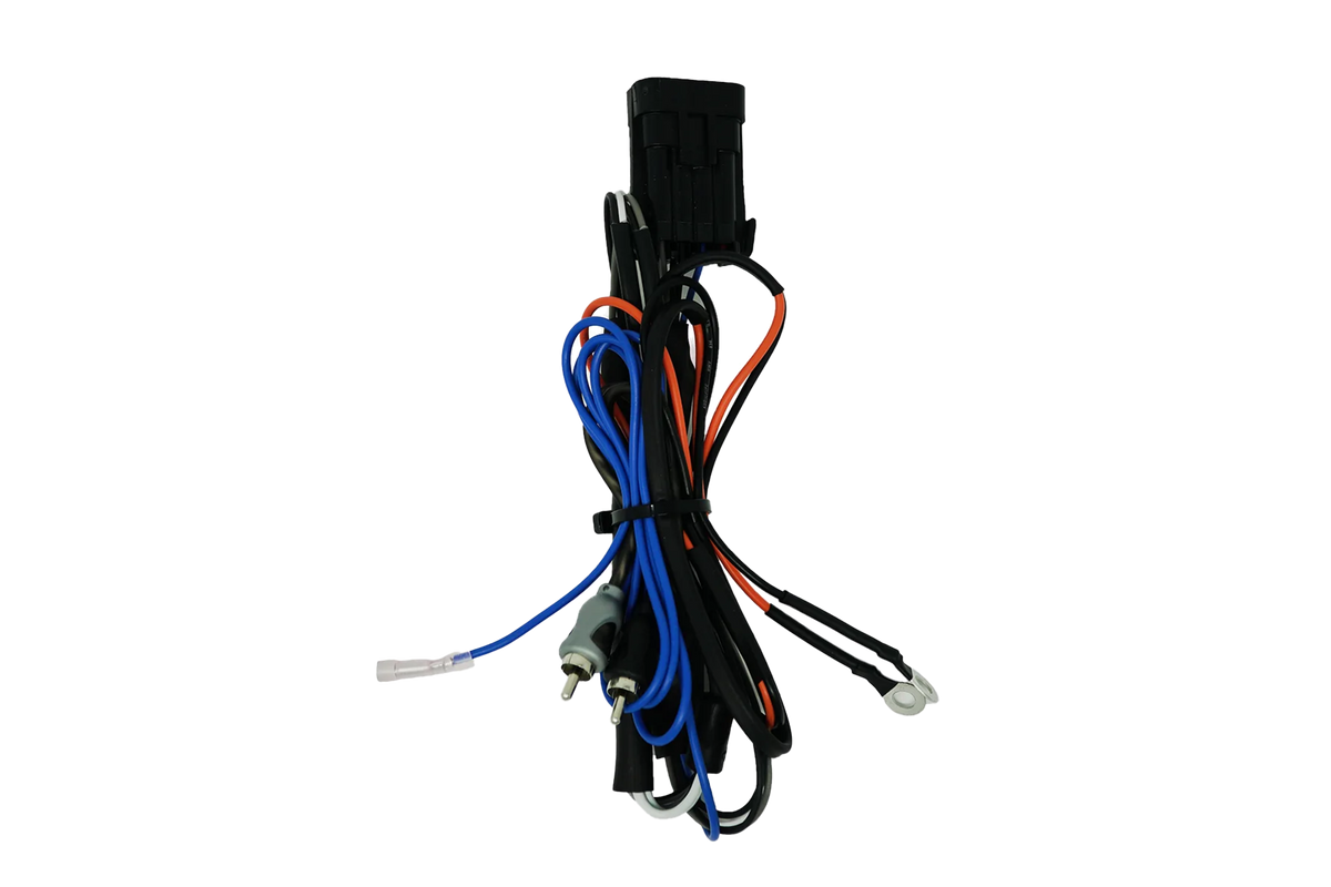 Automotive wiring harness with black connector and RCA cables