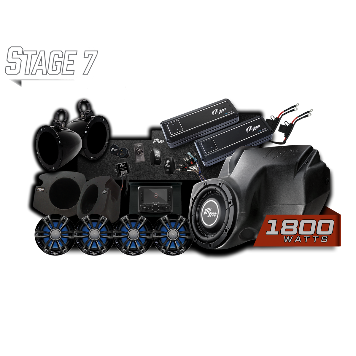 UTV Stereo Stage 7 audio system components including speakers amplifiers subwoofer and head unit