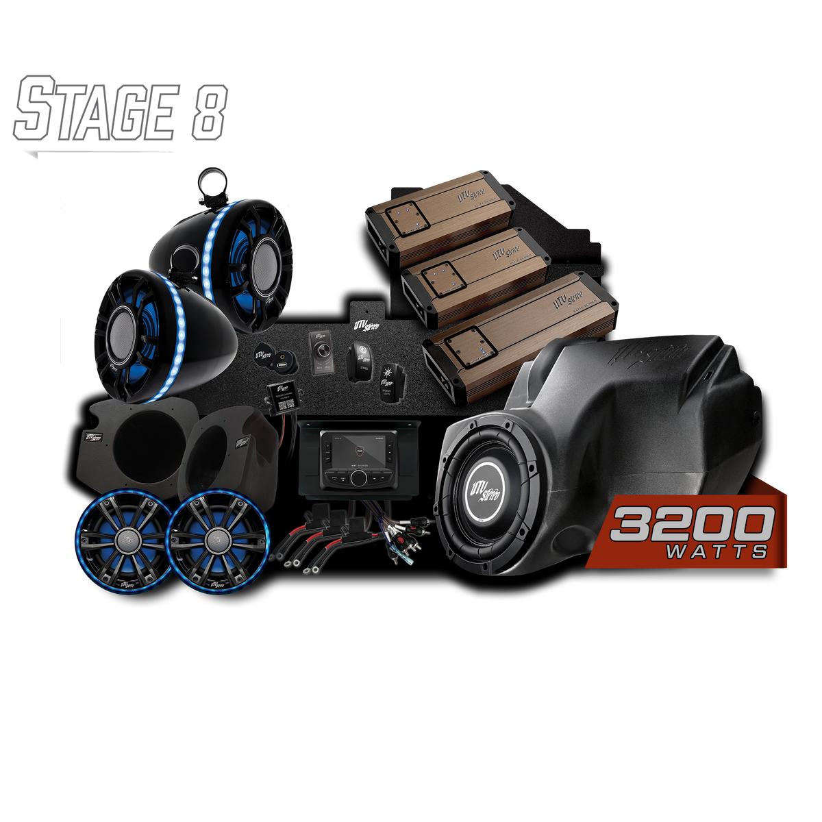 UTV Stereo Stage 8 audio system kit with speakers amplifiers subwoofer and head unit