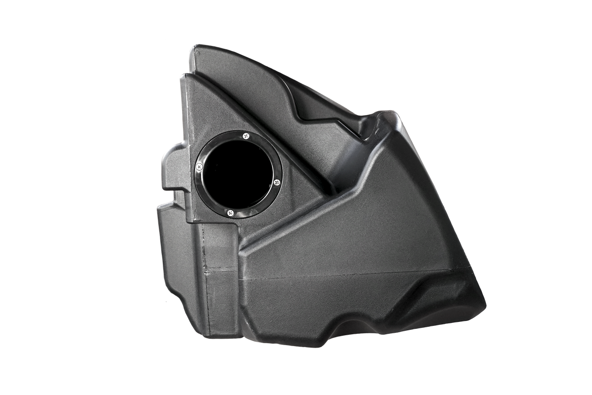 Black molded plastic vehicle storage box with circular access port
