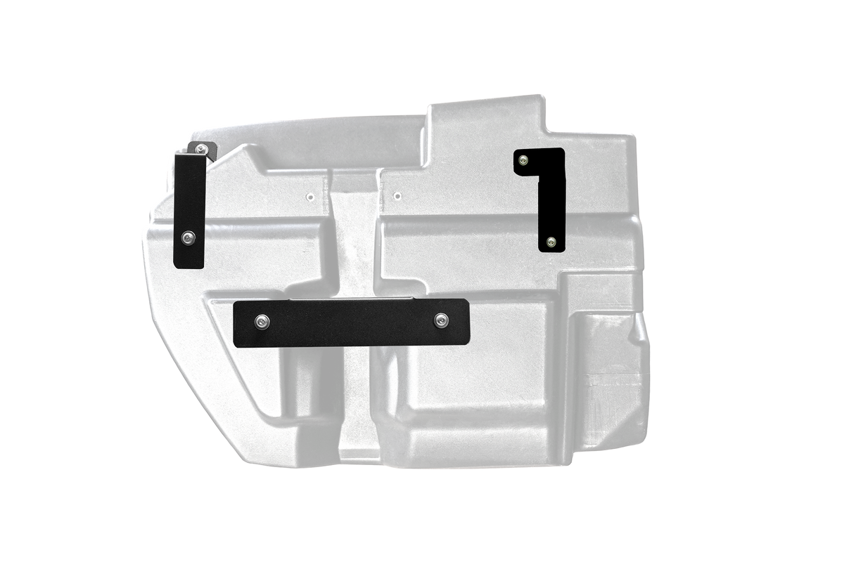 Silver plastic fuel tank with three black metal mounting brackets attached