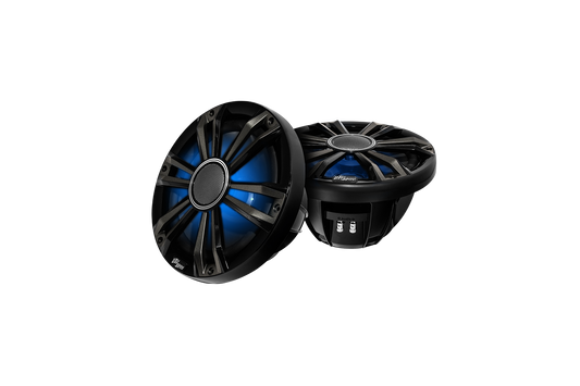 Two UTV Stereo round marine speakers with black grilles and blue LED lighting