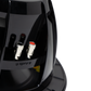 Rear view of a black subwoofer showing metal speaker wire terminals with red and black accents
