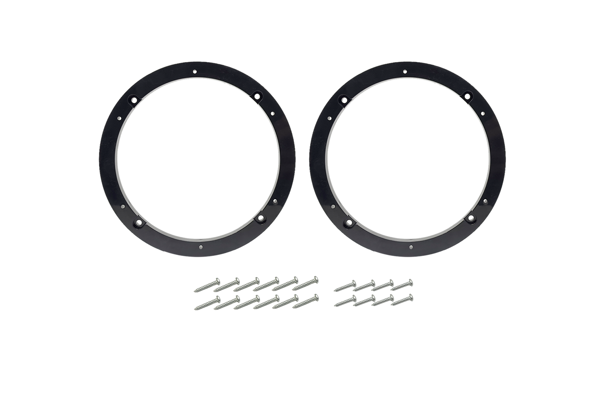 Two black circular speaker mounting rings with a set of metal screws
