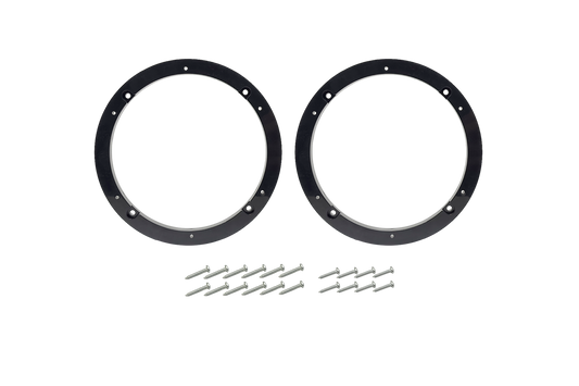 Two black circular speaker adapter rings with mounting screws