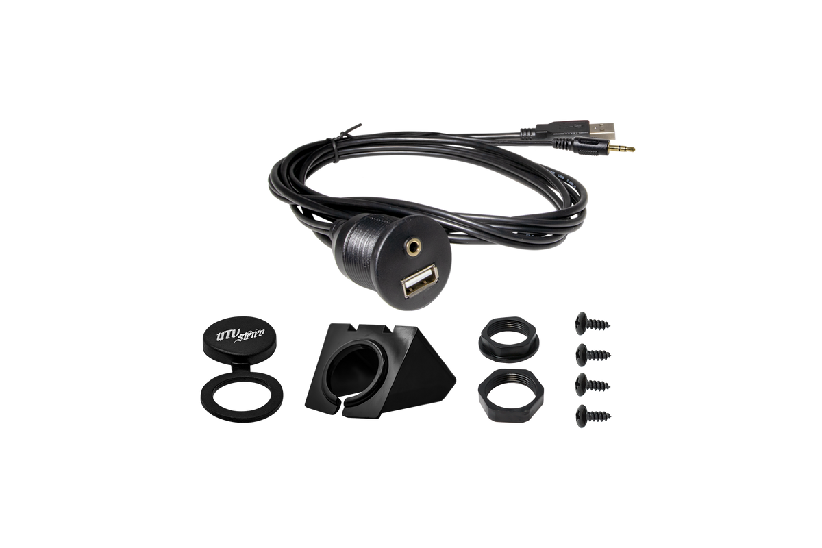 UTV Stereo USB and auxiliary flush mount cable kit with mounting bracket and hardware