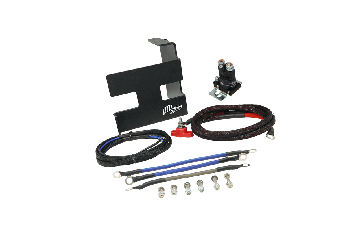 UTV Stereo battery kit with mounting bracket relay cables and hardware