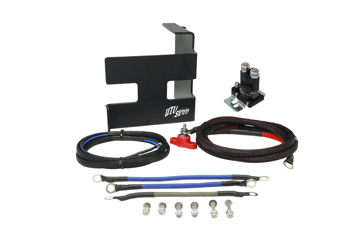 UTV Stereo dual battery kit with mounting bracket relay cables and hardware
