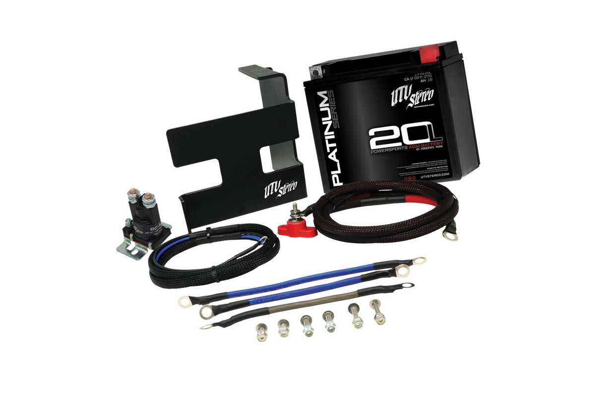 UTV Stereo battery kit with AGM battery, mounting bracket, relay, cables, and hardware